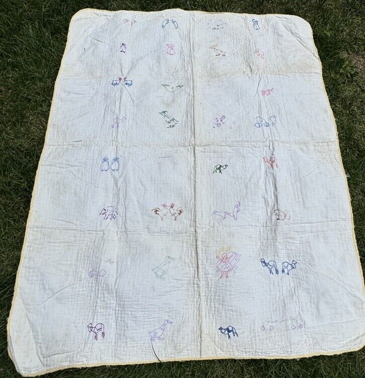 Antique 1900s Handmade Embroidered Child Quilt