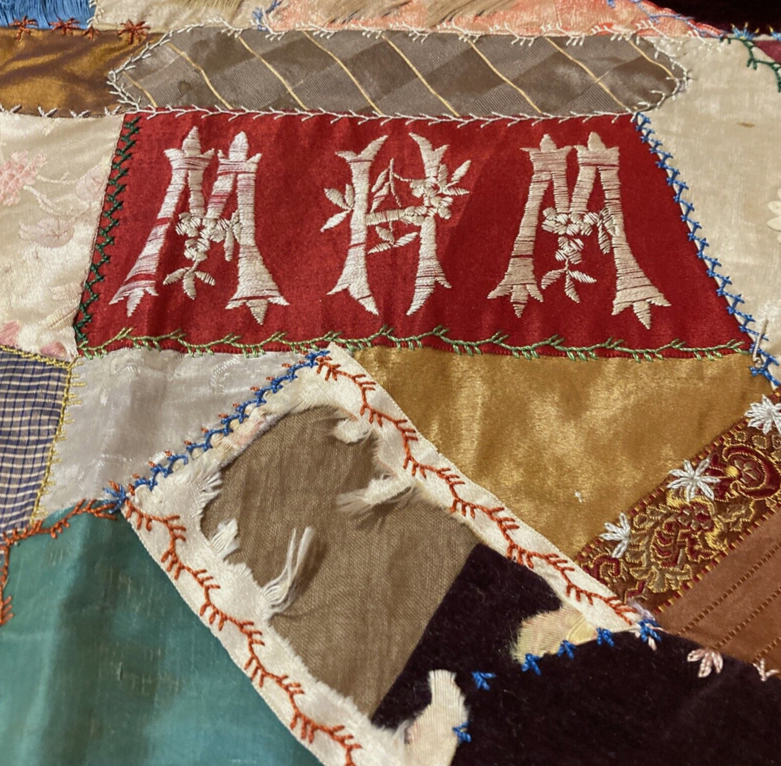 Early 1900s Embroidered Velvet Silk Crazy Quilt