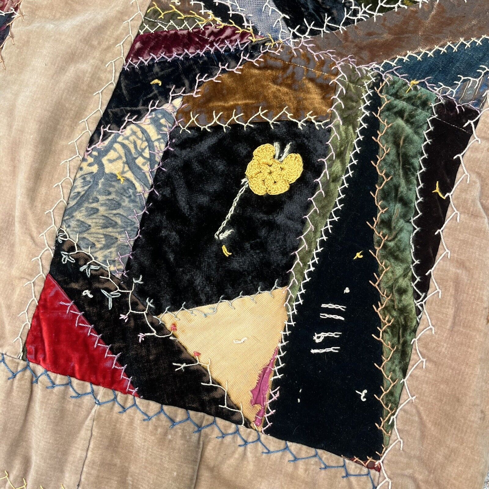 Vintage 1911 Crazy Quilt Patchwork Velvet Silk