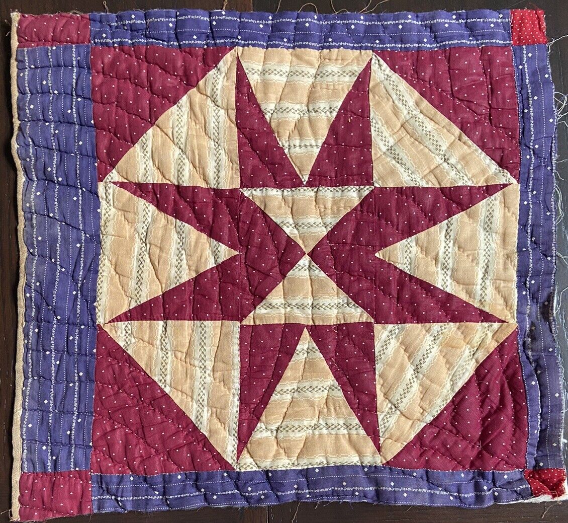 Vintage Star Quilt Fragment, Burgundy and Blue, 19.5" X 21