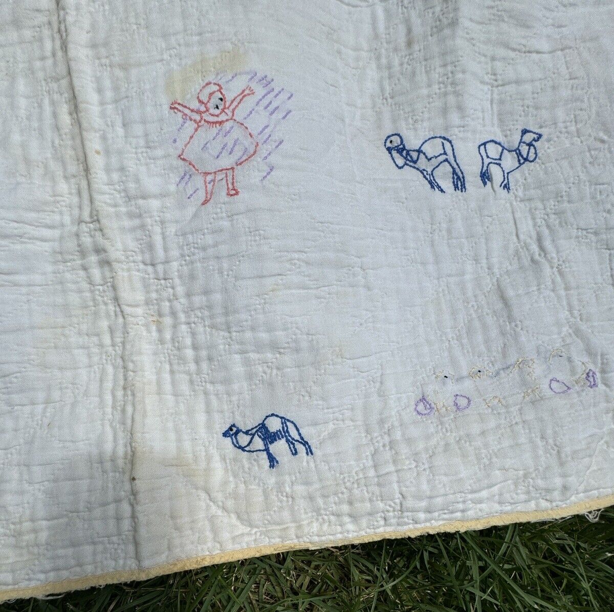 Antique 1900s Handmade Embroidered Child Quilt