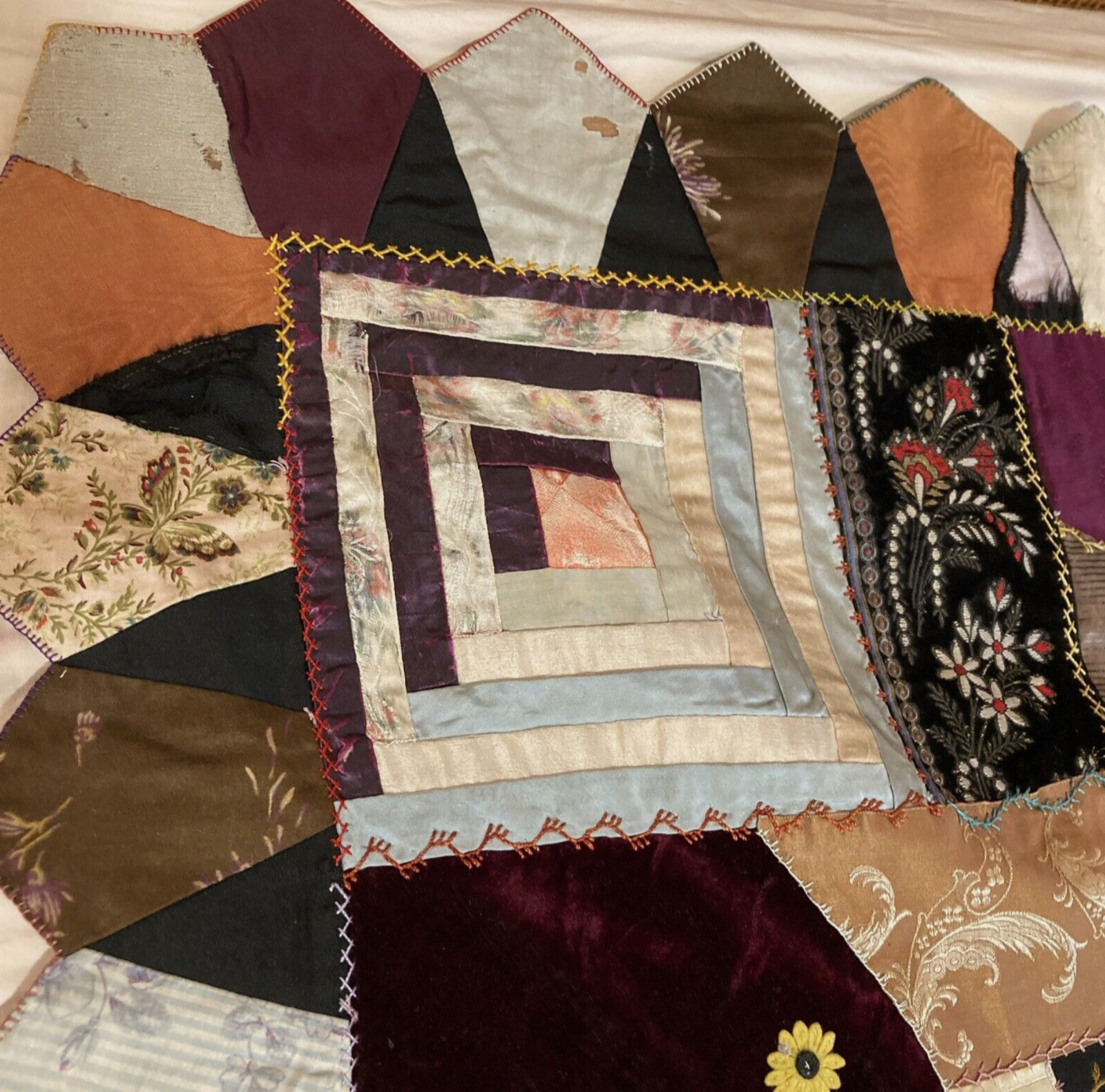 Early 1900s Embroidered Velvet Silk Crazy Quilt