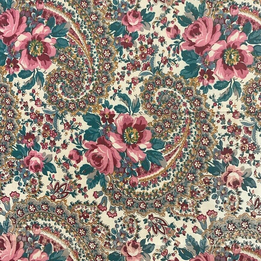 19th Century Antique Fabric: Roses & Paisley Print