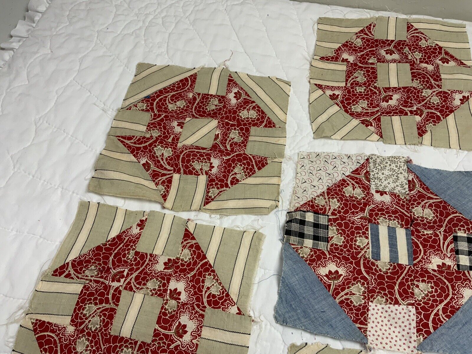 7 Vintage Churn Dash Quilt Patches, Early 1900s