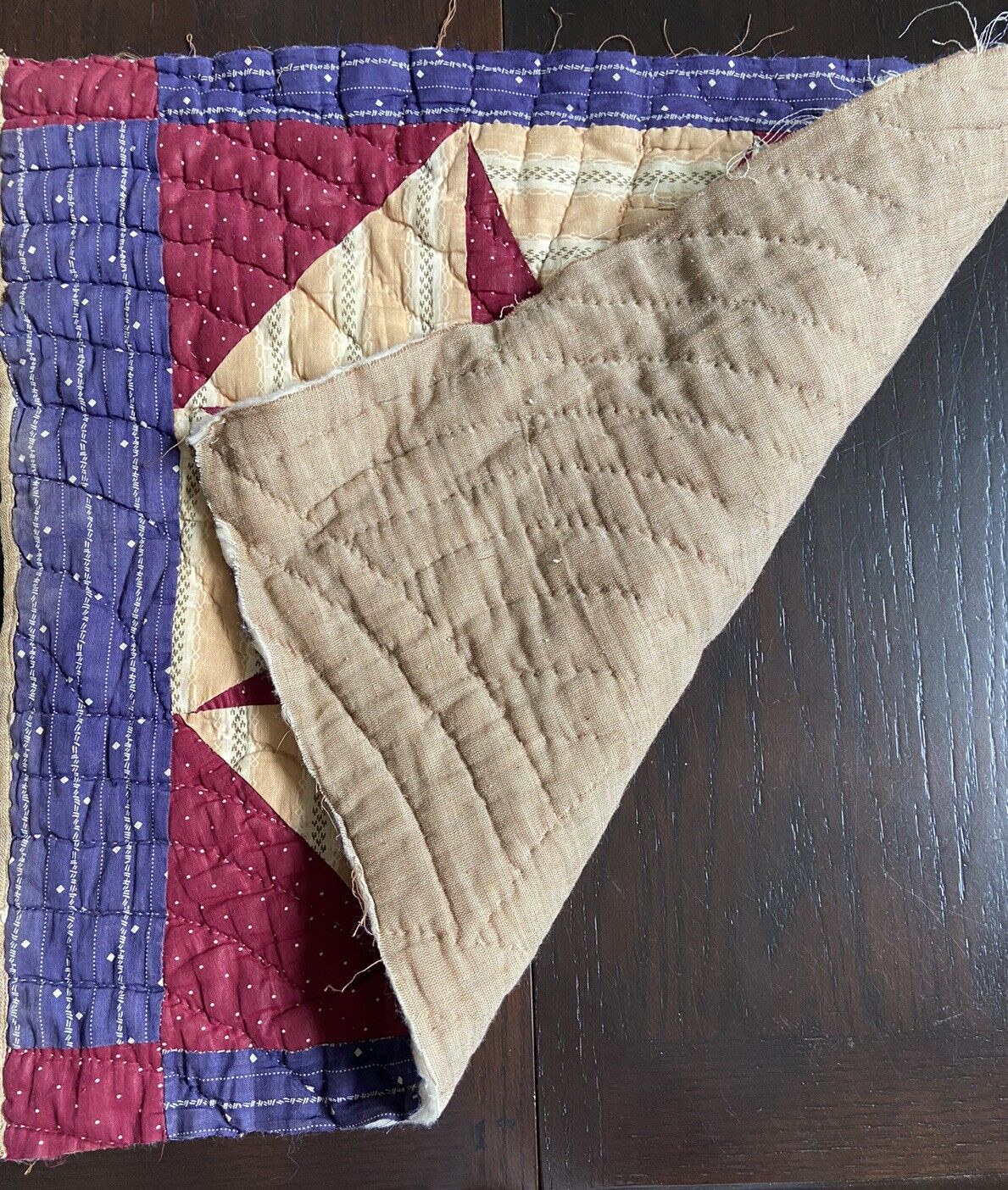 Vintage Star Quilt Fragment, Burgundy and Blue, 19.5" X 21
