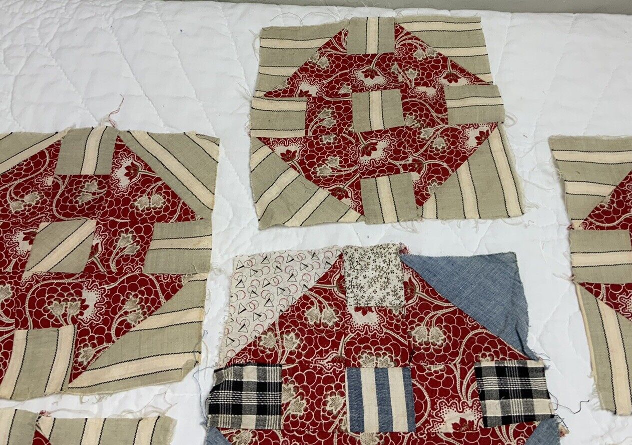 7 Vintage Churn Dash Quilt Patches, Early 1900s