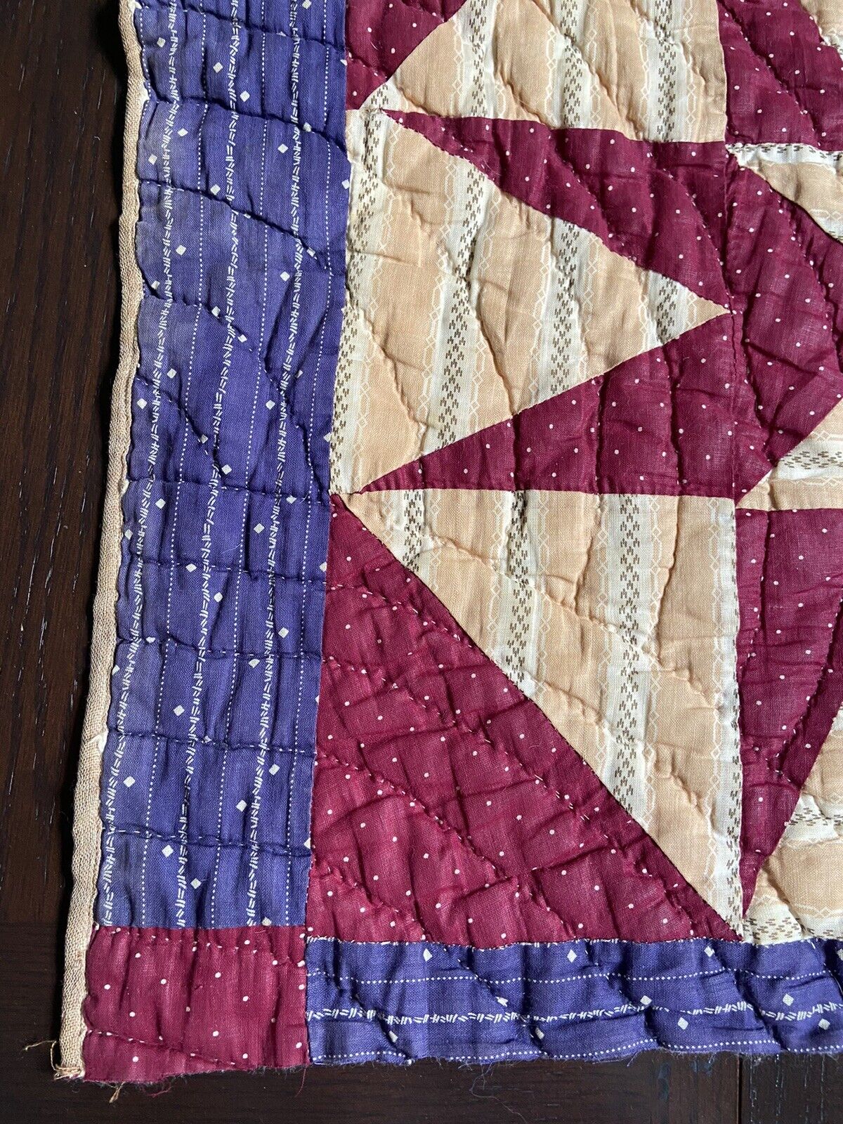 Vintage Star Quilt Fragment, Burgundy and Blue, 19.5" X 21