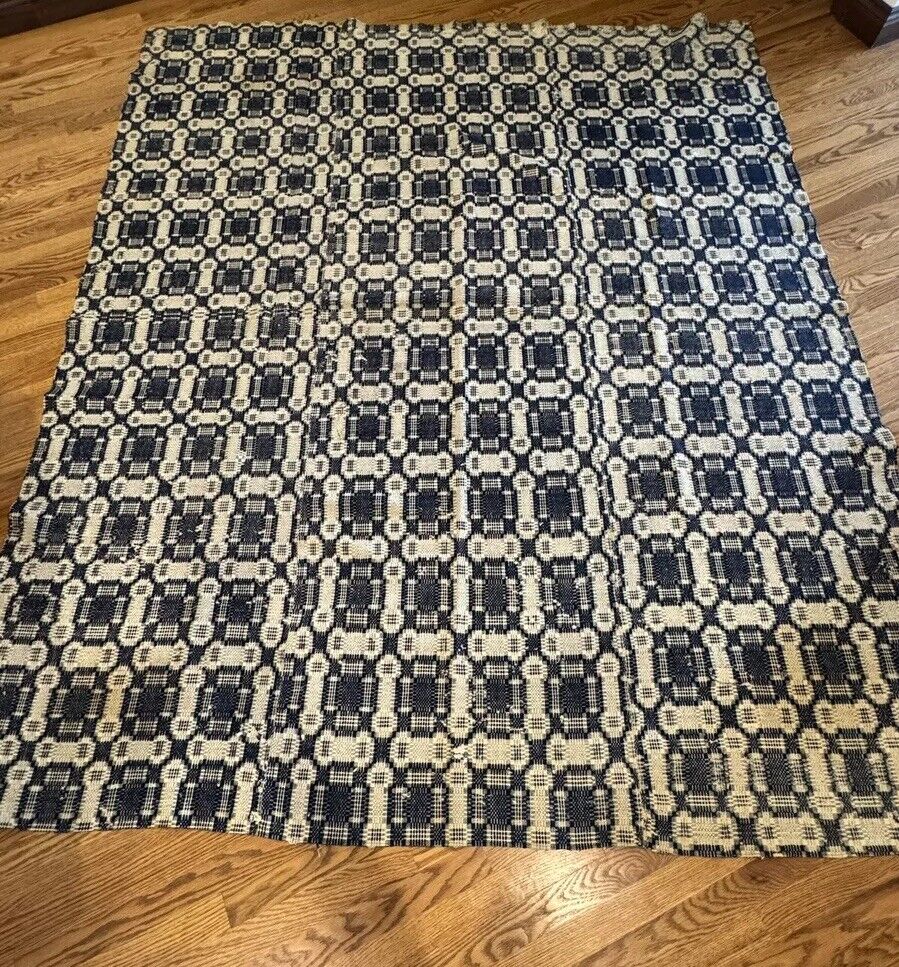 1800s Blue & Cream Woven Wool Coverlet 76"x94