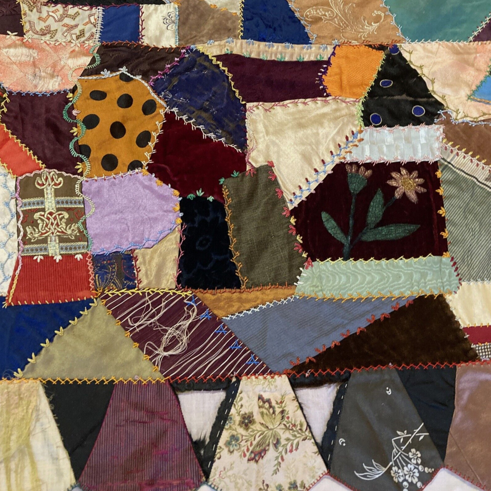 Early 1900s Embroidered Velvet Silk Crazy Quilt