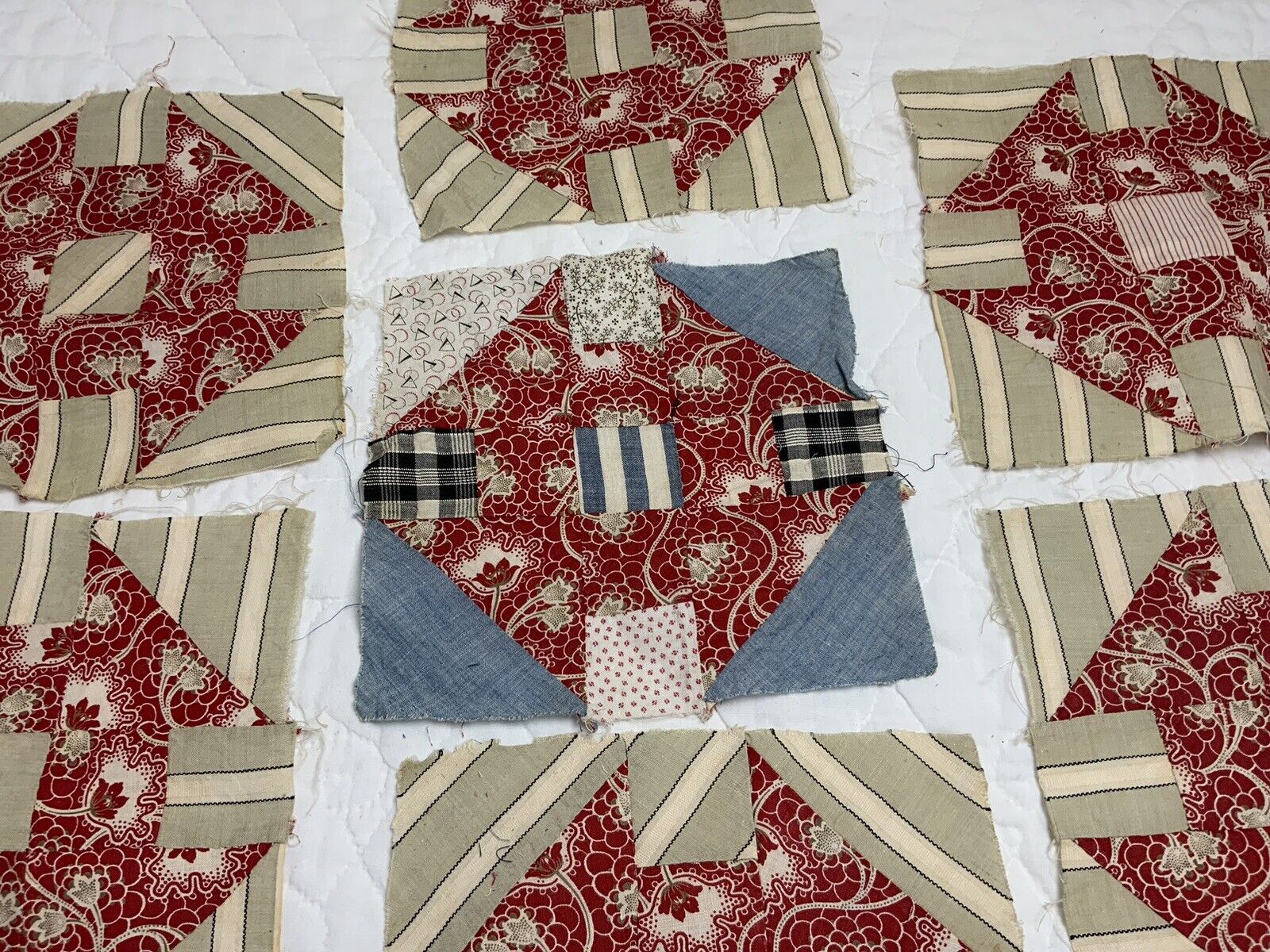 7 Vintage Churn Dash Quilt Patches, Early 1900s