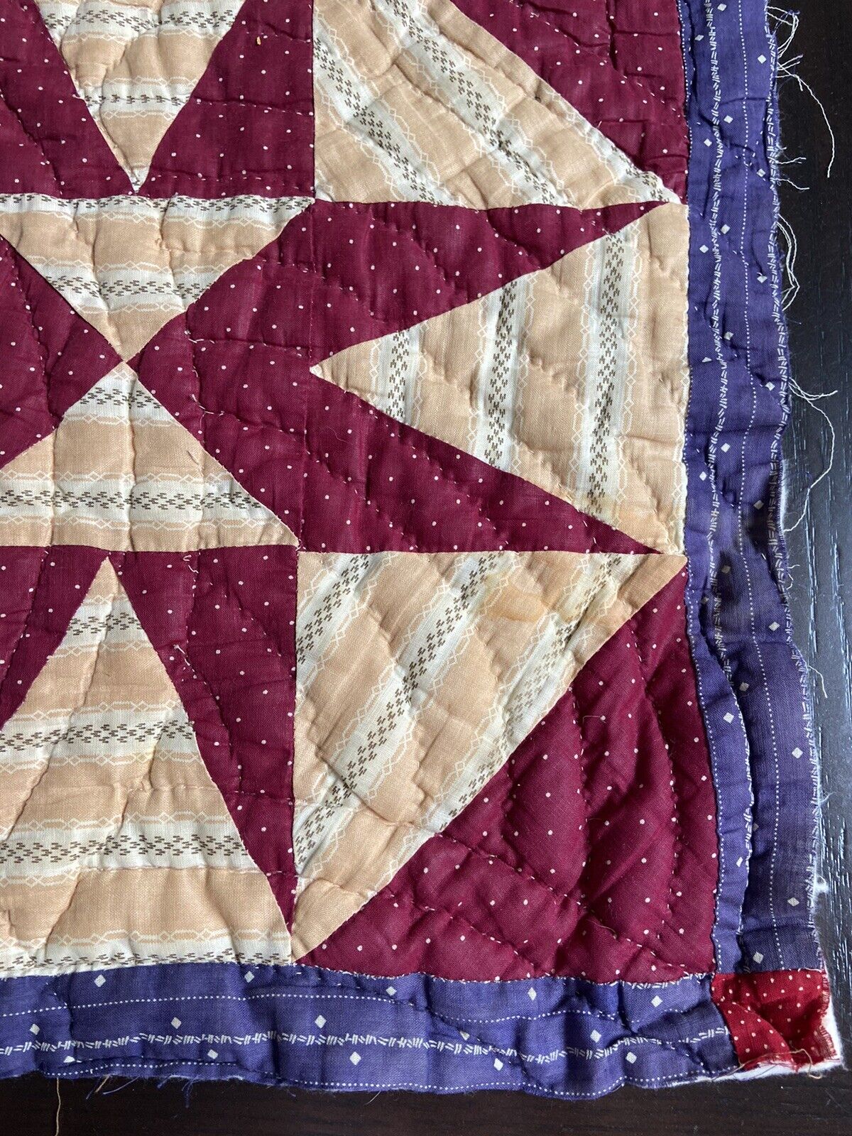 Vintage Star Quilt Fragment, Burgundy and Blue, 19.5" X 21