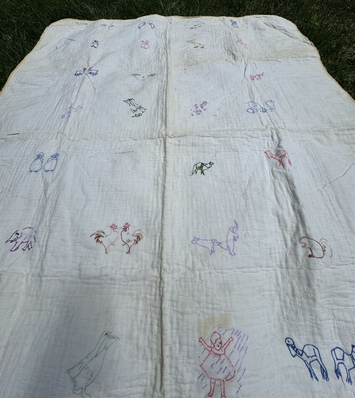 Antique 1900s Handmade Embroidered Child Quilt