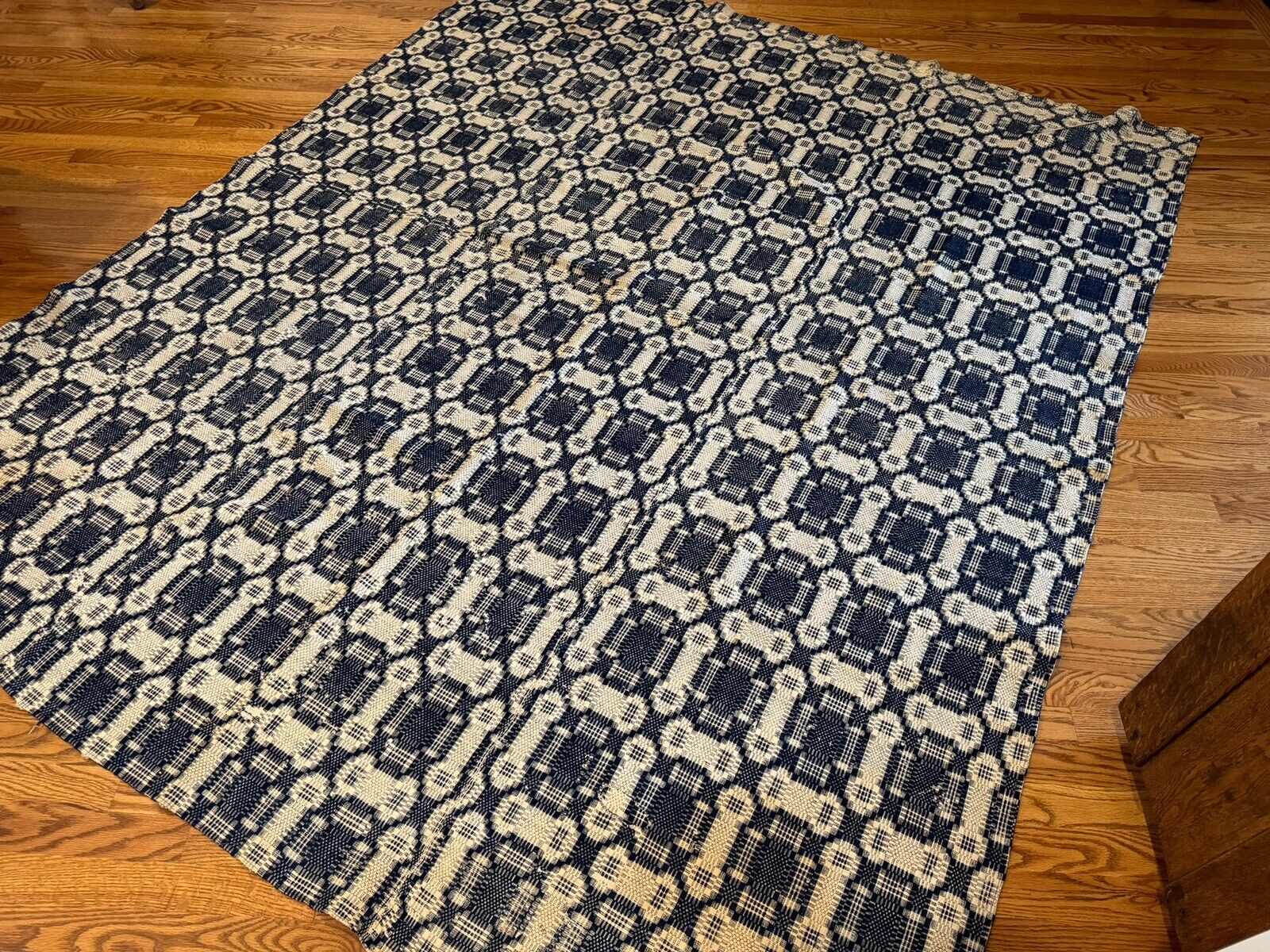 1800s Blue & Cream Woven Wool Coverlet 76"x94
