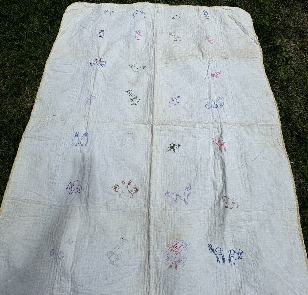Antique 1900s Handmade Embroidered Child Quilt