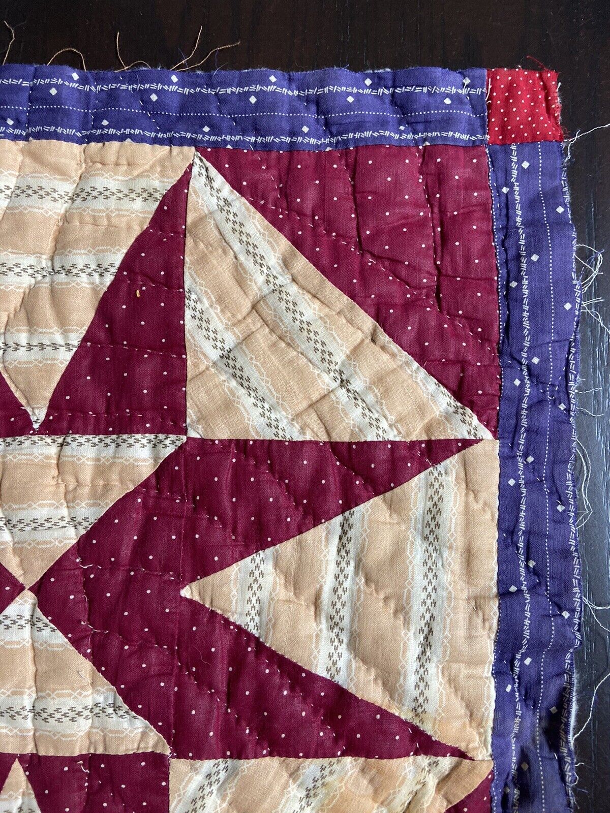 Vintage Star Quilt Fragment, Burgundy and Blue, 19.5" X 21