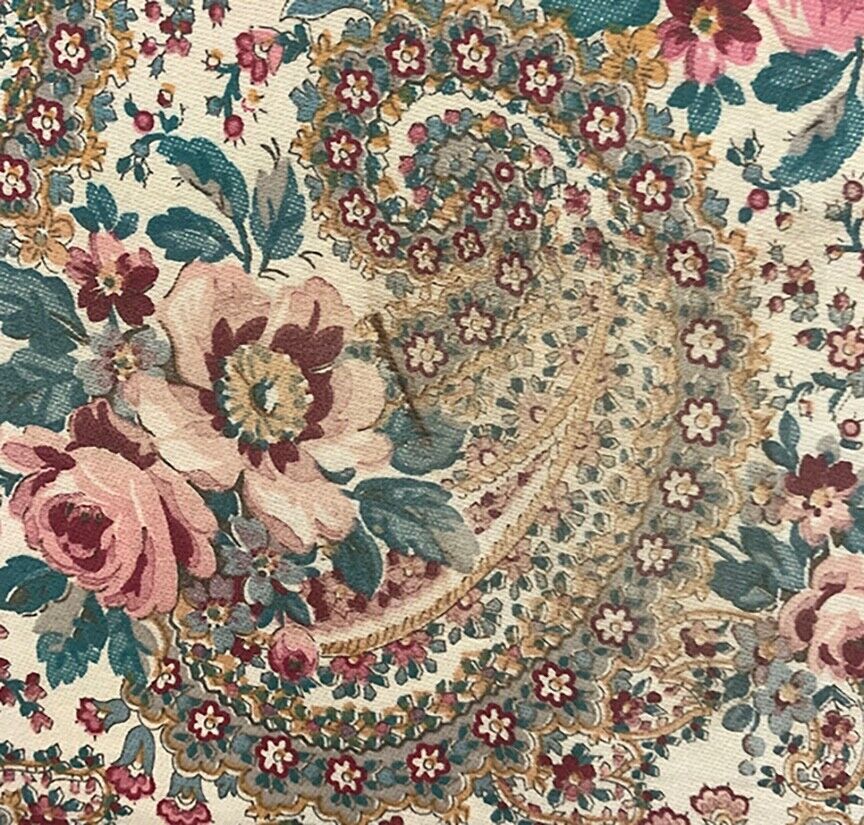 19th Century Antique Fabric: Roses & Paisley Print