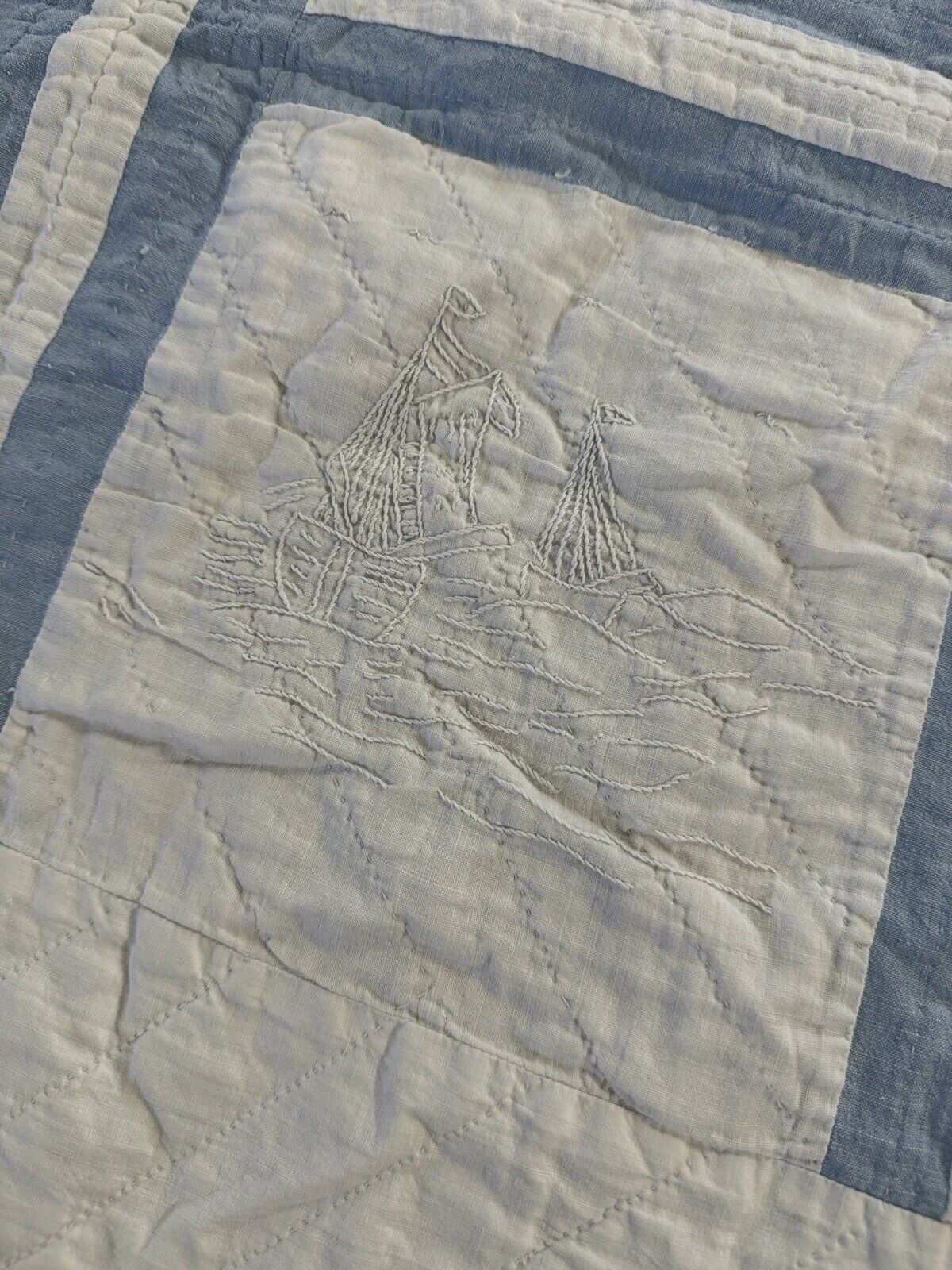Antique Early 1900s Handmade Blue White Quilt