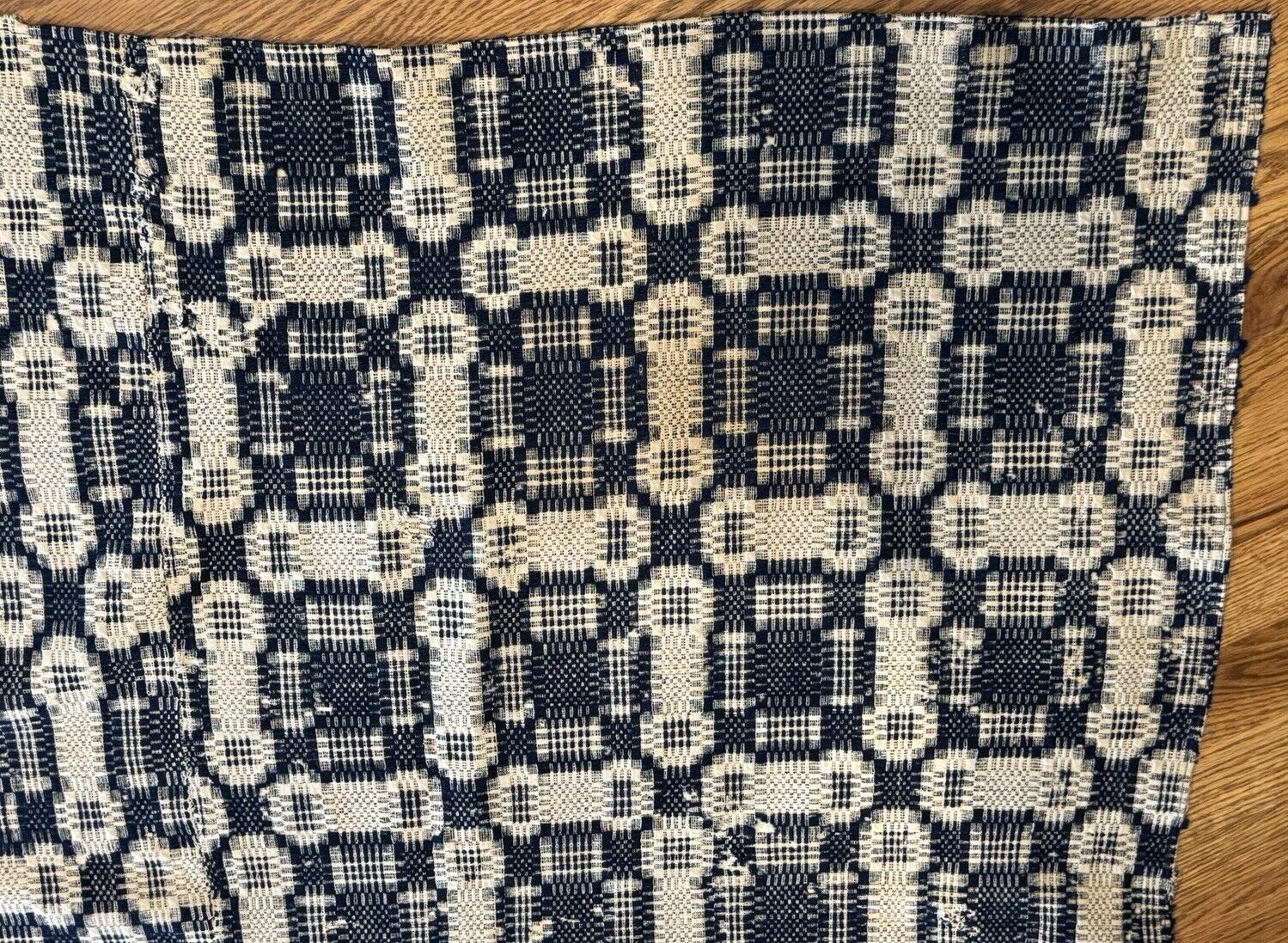 1800s Blue & Cream Woven Wool Coverlet 76"x94