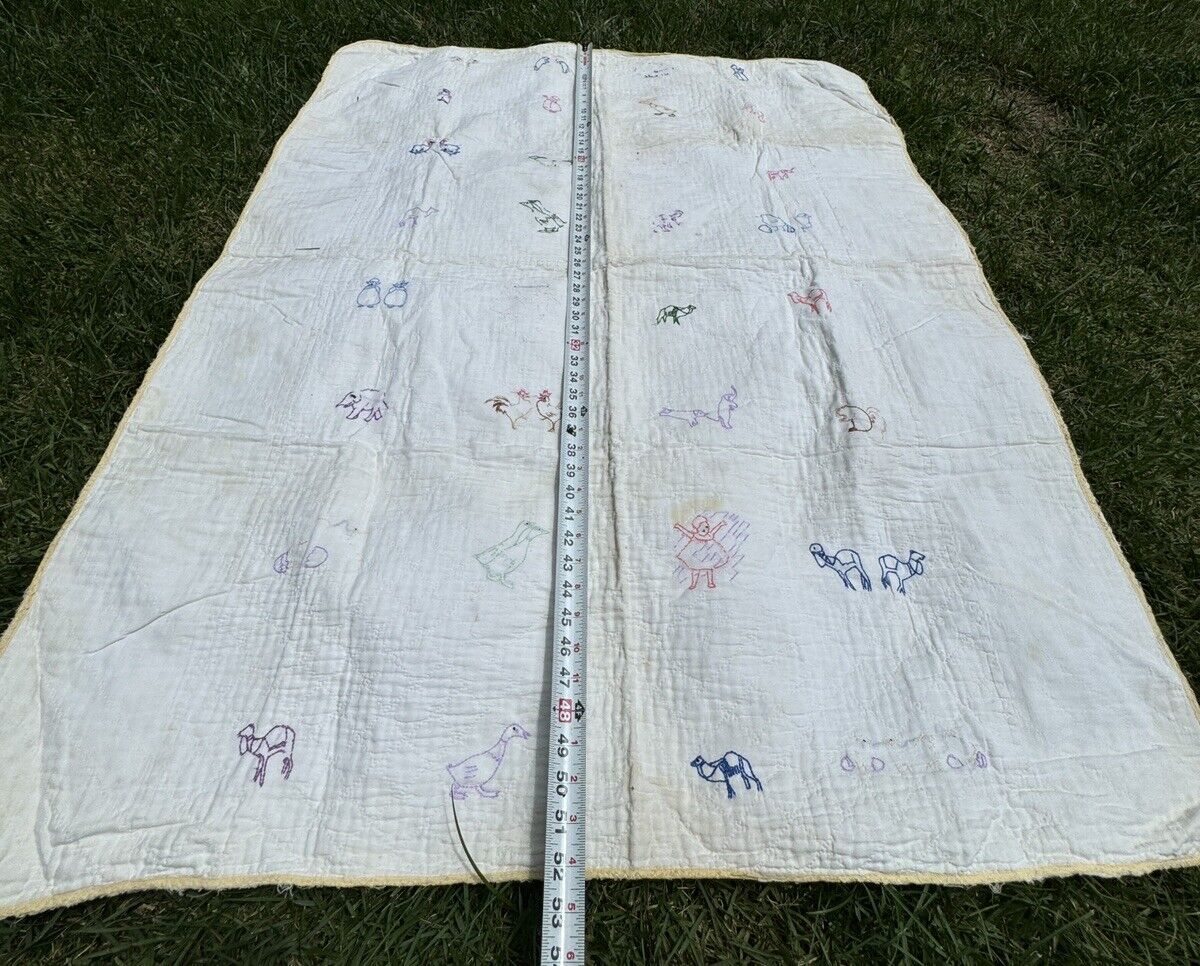 Antique 1900s Handmade Embroidered Child Quilt