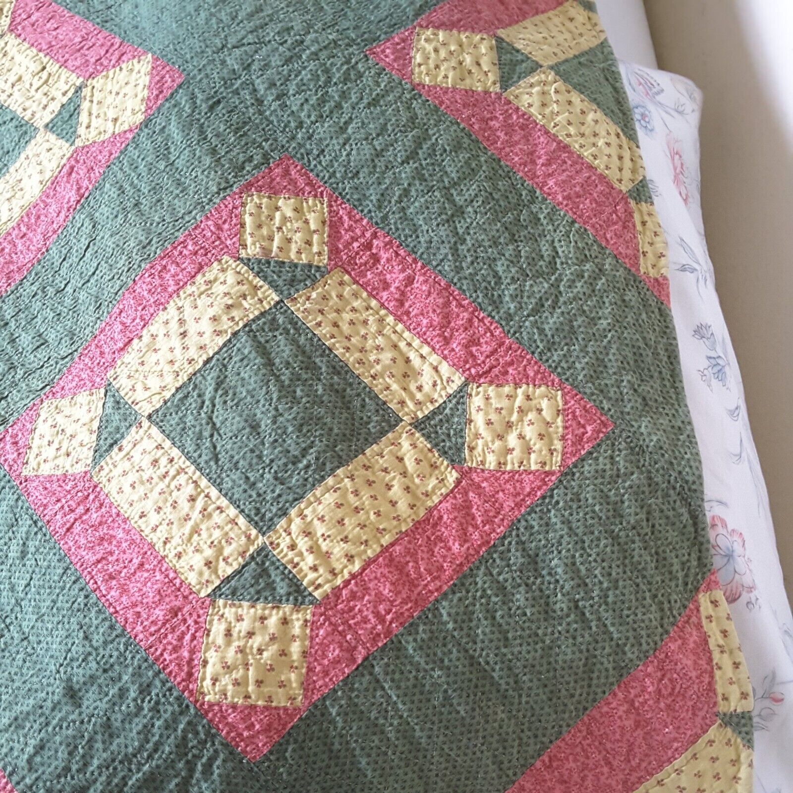 Vintage Hand-Stitched Quilt in Yellow, Green, Pink