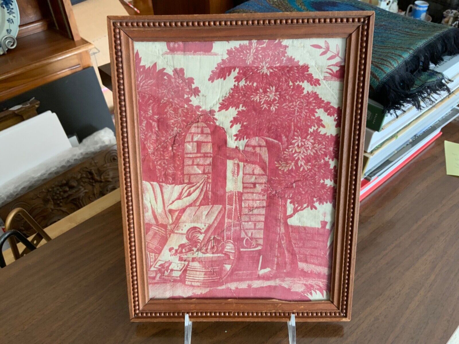 French Toile Fabric in Antique Frame, Early 1800s