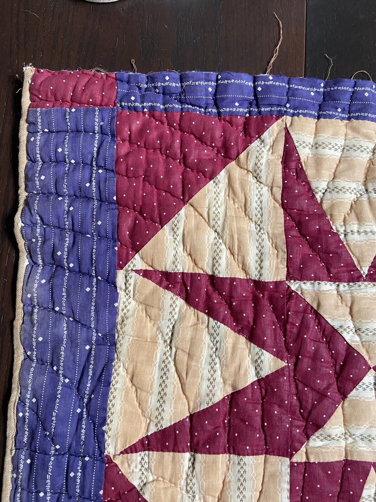 Vintage Star Quilt Fragment, Burgundy and Blue, 19.5" X 21
