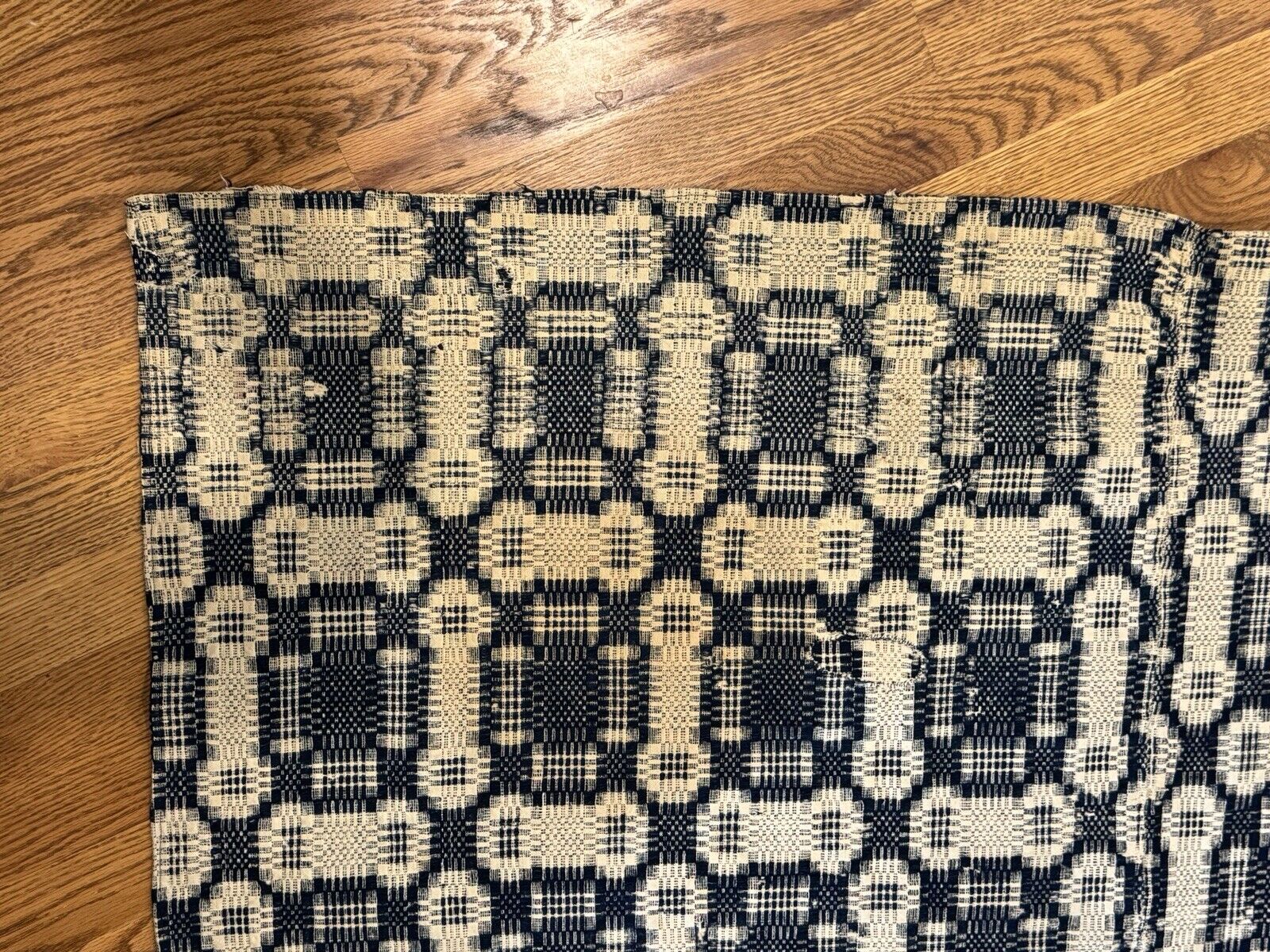 1800s Blue & Cream Woven Wool Coverlet 76"x94