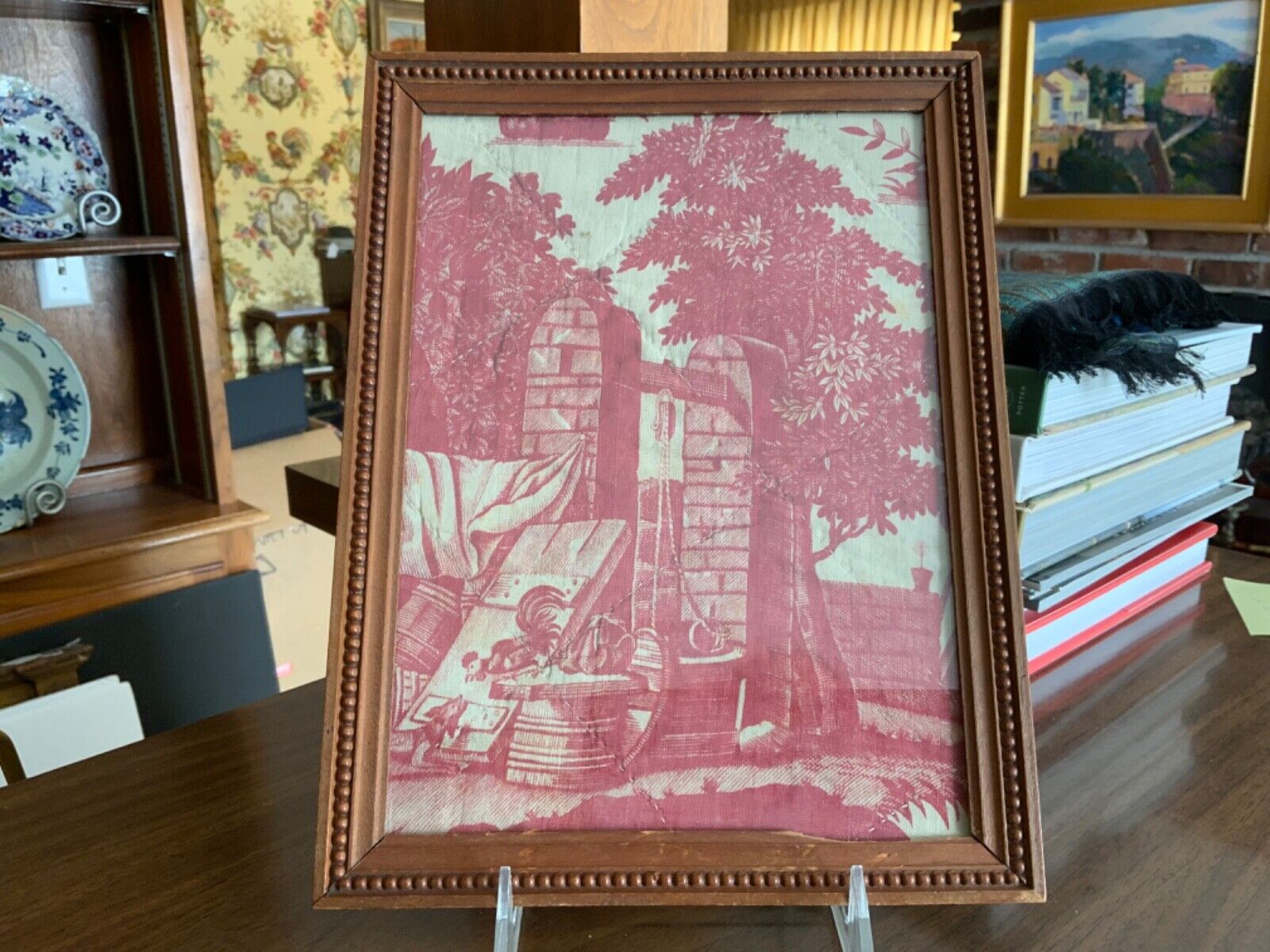French Toile Fabric in Antique Frame, Early 1800s