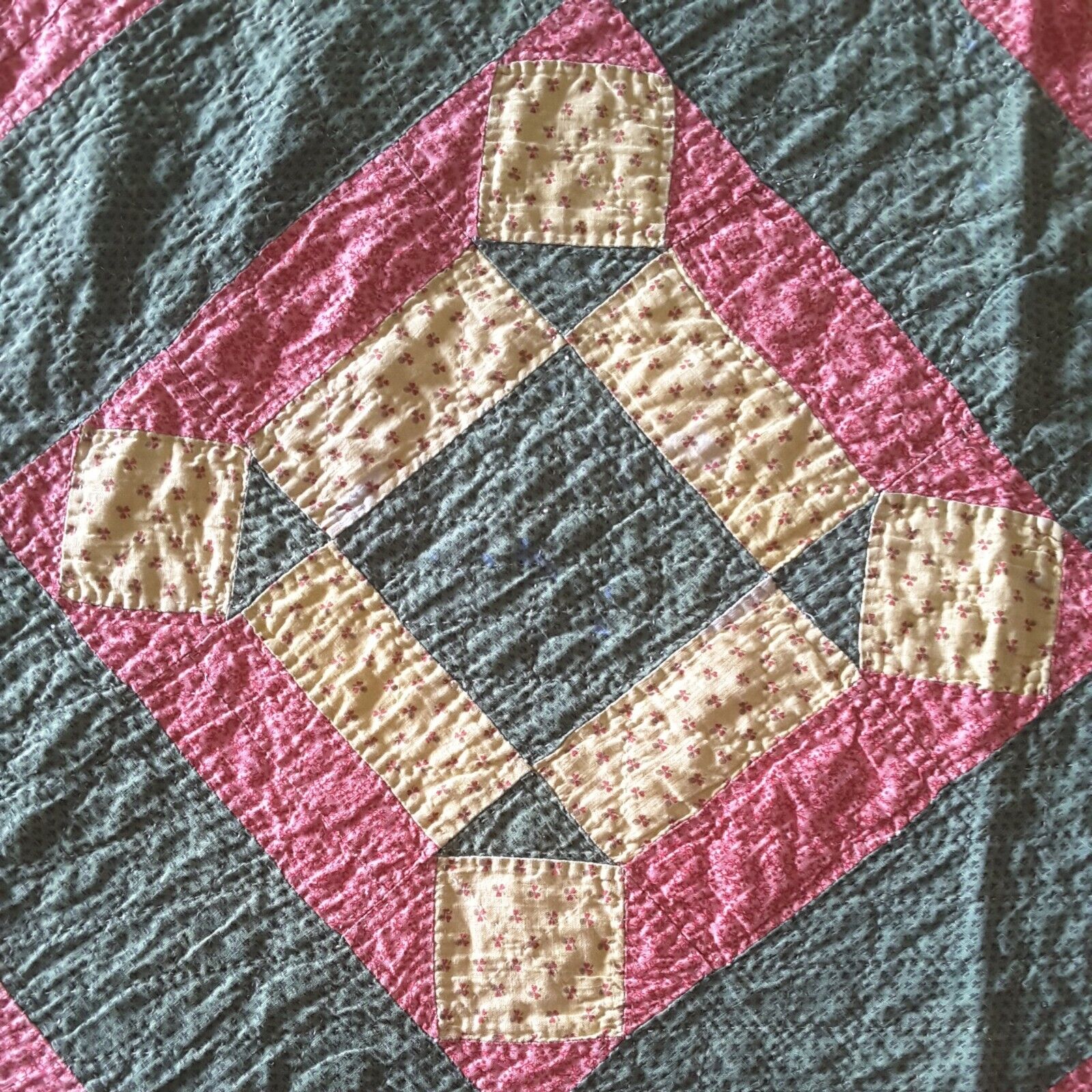 Vintage Hand-Stitched Quilt in Yellow, Green, Pink