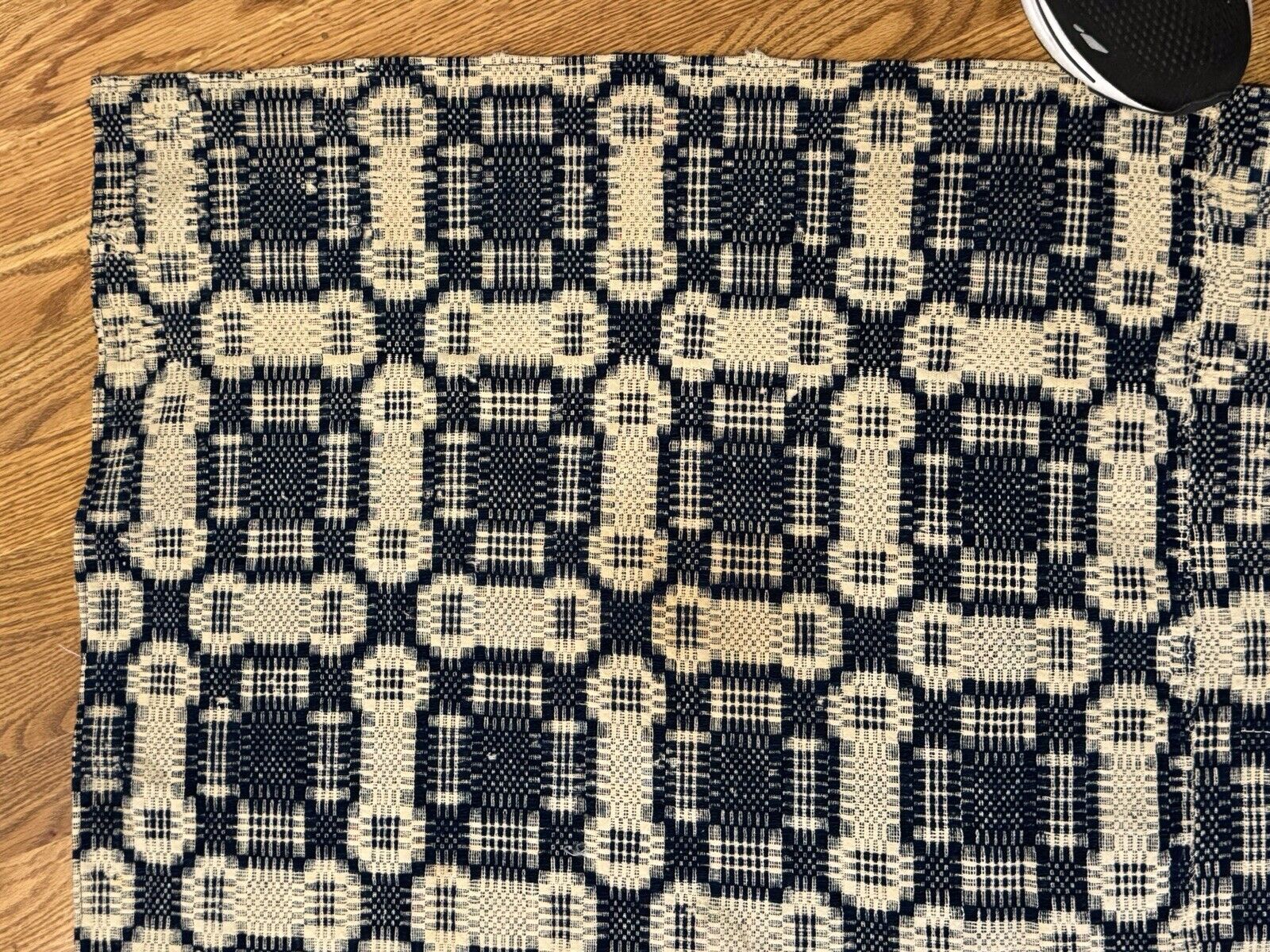 1800s Blue & Cream Woven Wool Coverlet 76"x94
