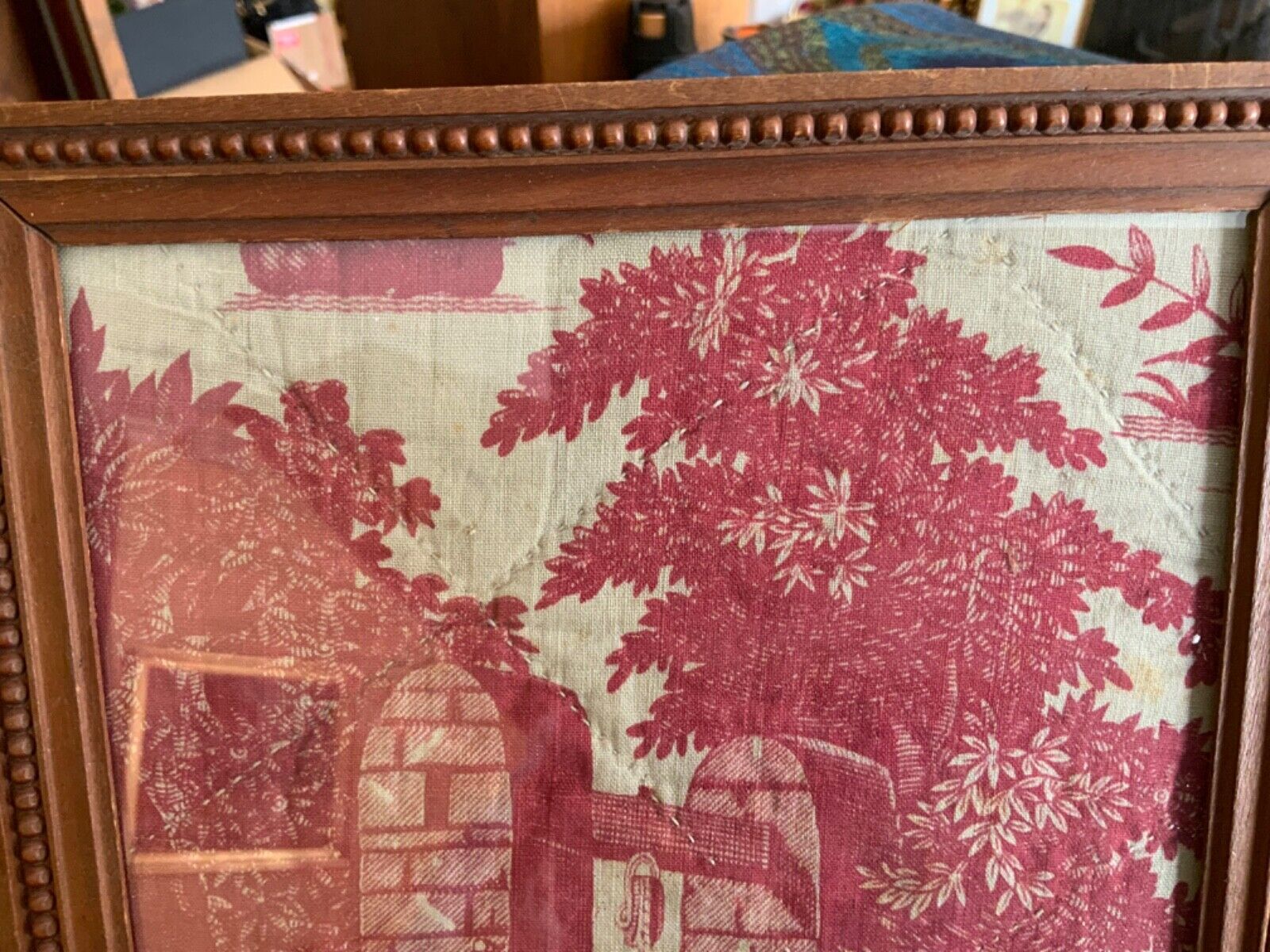 French Toile Fabric in Antique Frame, Early 1800s