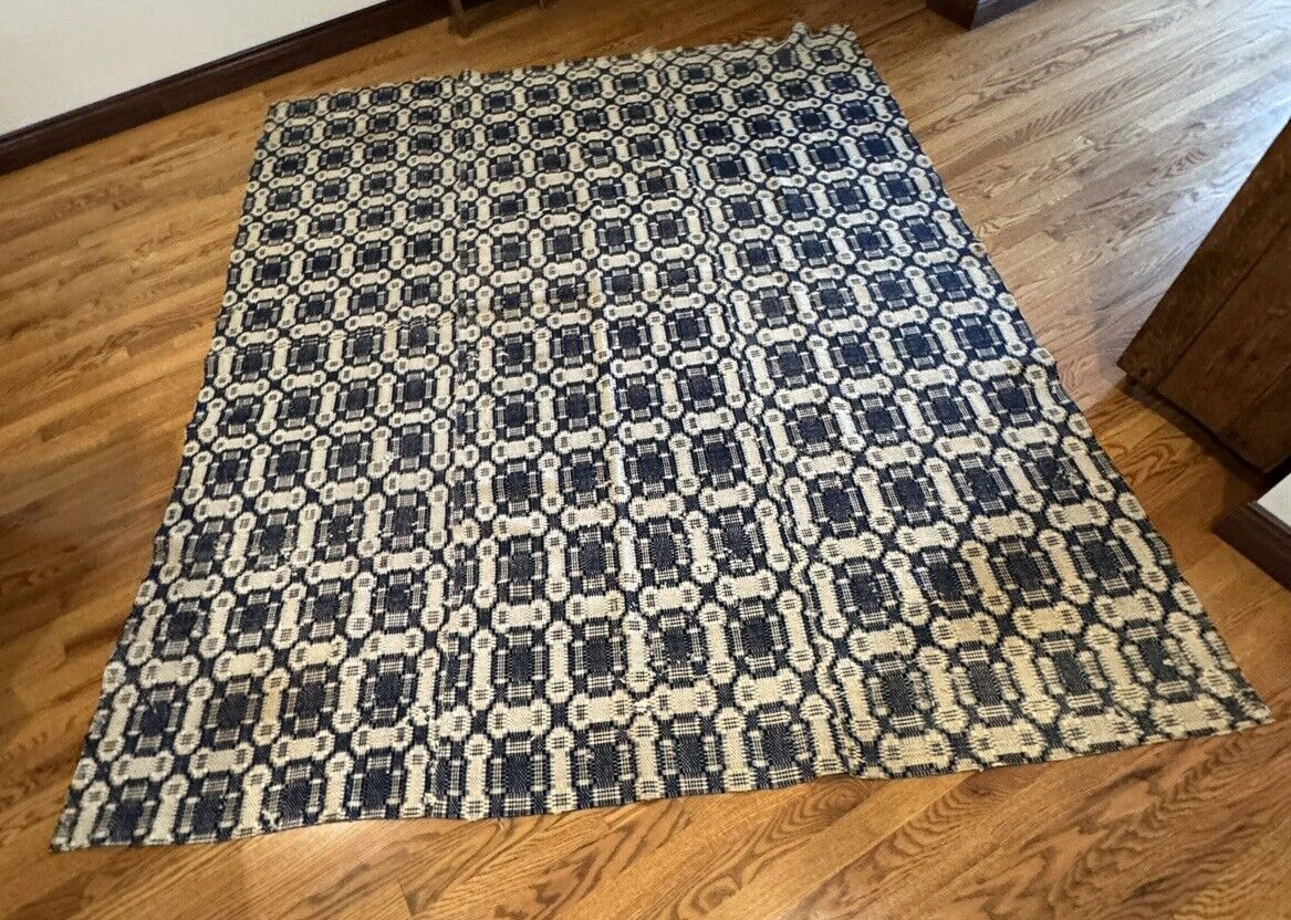 1800s Blue & Cream Woven Wool Coverlet 76"x94
