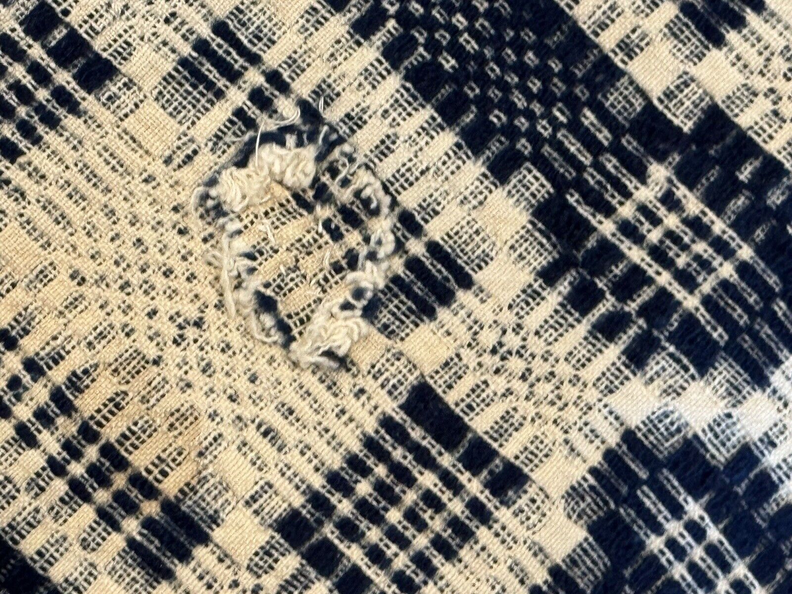 1800s Blue & Cream Woven Wool Coverlet 76"x94