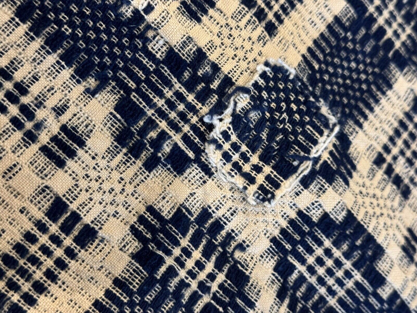 1800s Blue & Cream Woven Wool Coverlet 76"x94