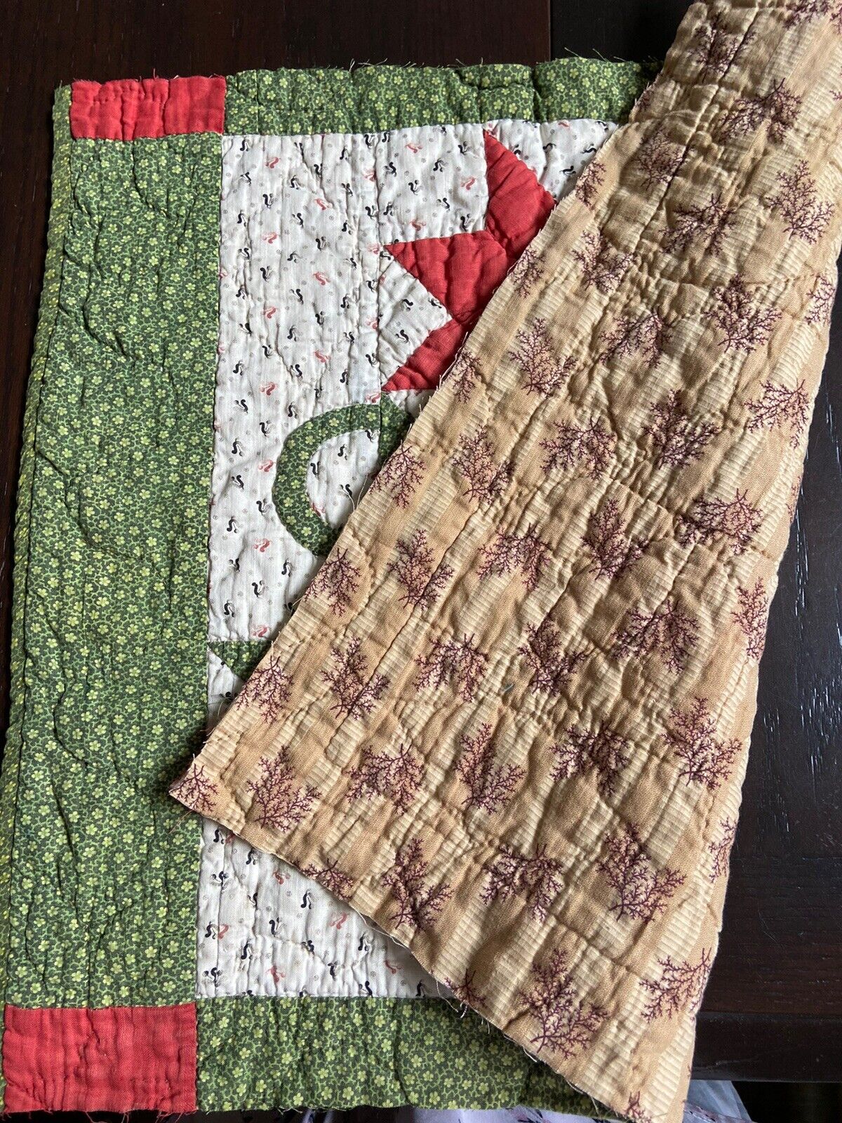 1800's Poison Green Red Basket of Lilies Quilt