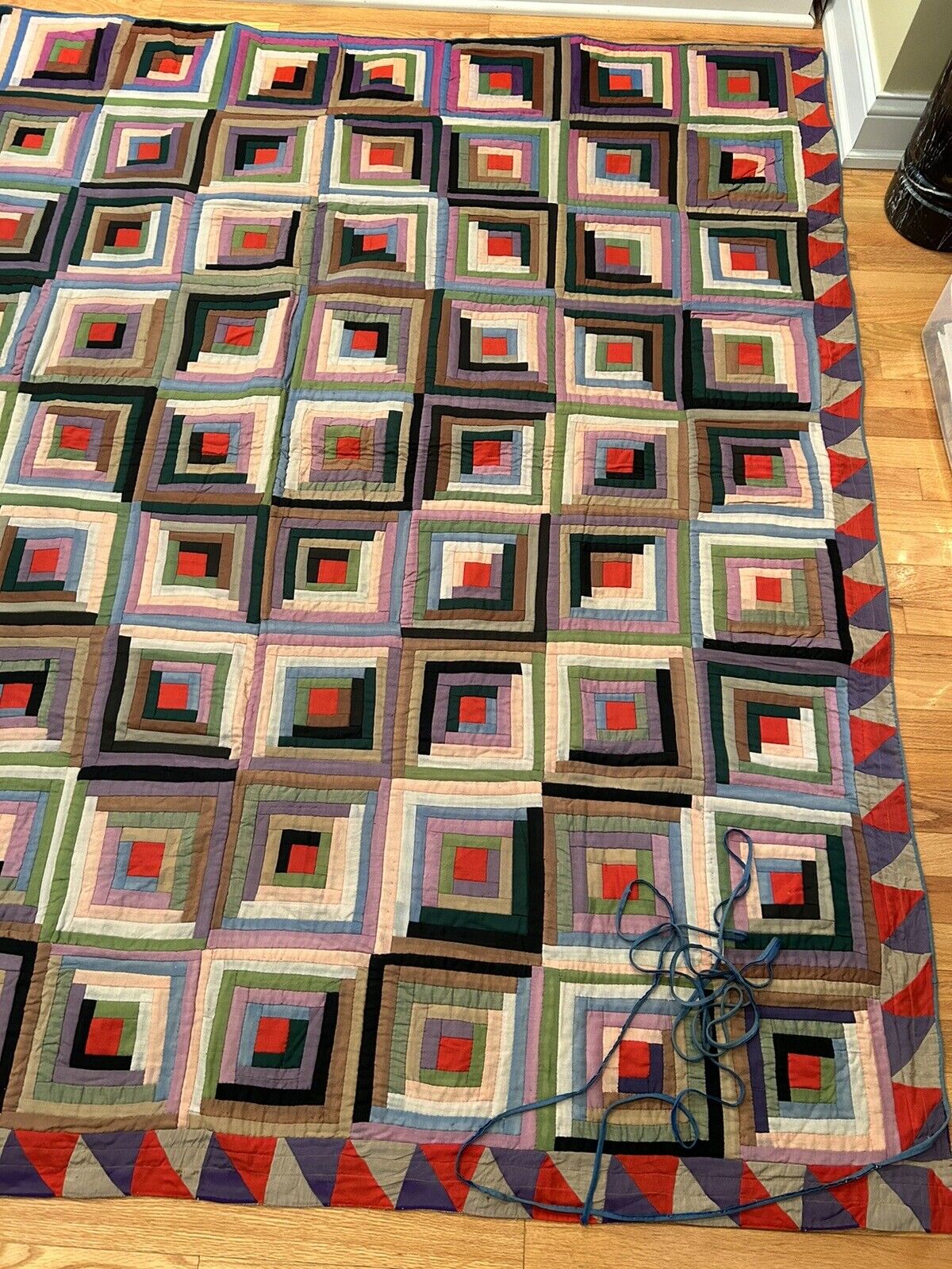 1830s Amish Log Cabin Quilt with Flying Geese