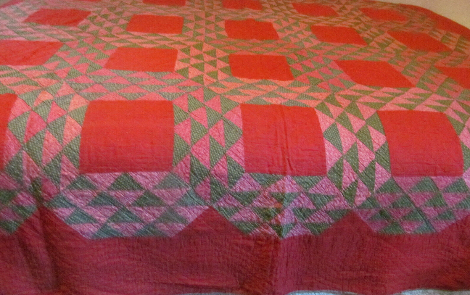 Antique 1800s Turkey Red Ocean Waves Quilt 80x80