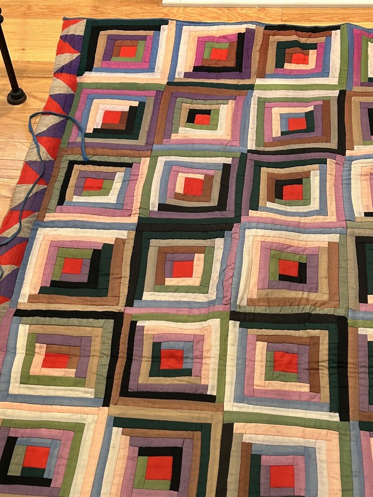 1830s Amish Log Cabin Quilt with Flying Geese
