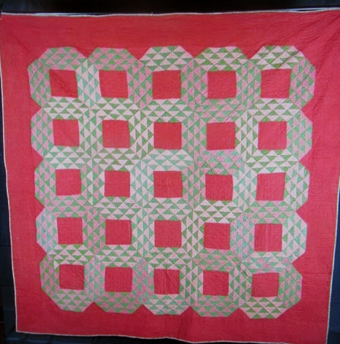 Antique 1800s Turkey Red Ocean Waves Quilt 80x80
