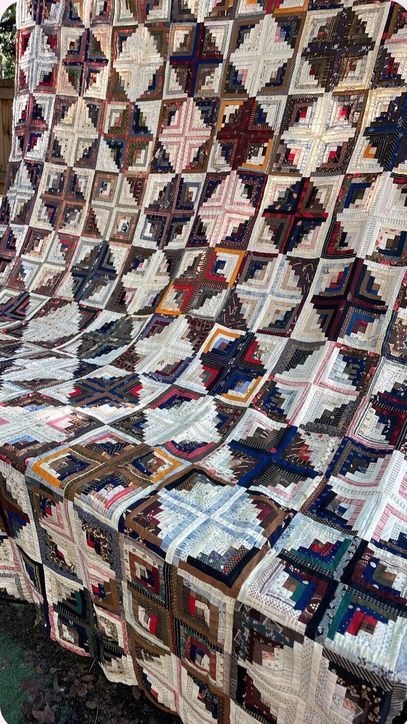 1800s Log Cabin Hand-Pieced Quilt Top 93"x76