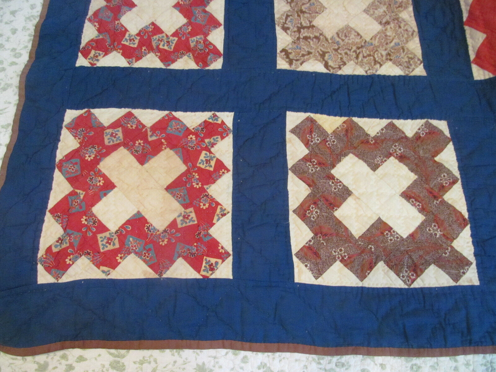Vintage Handmade Chimney Sweep Quilt with Blue Border