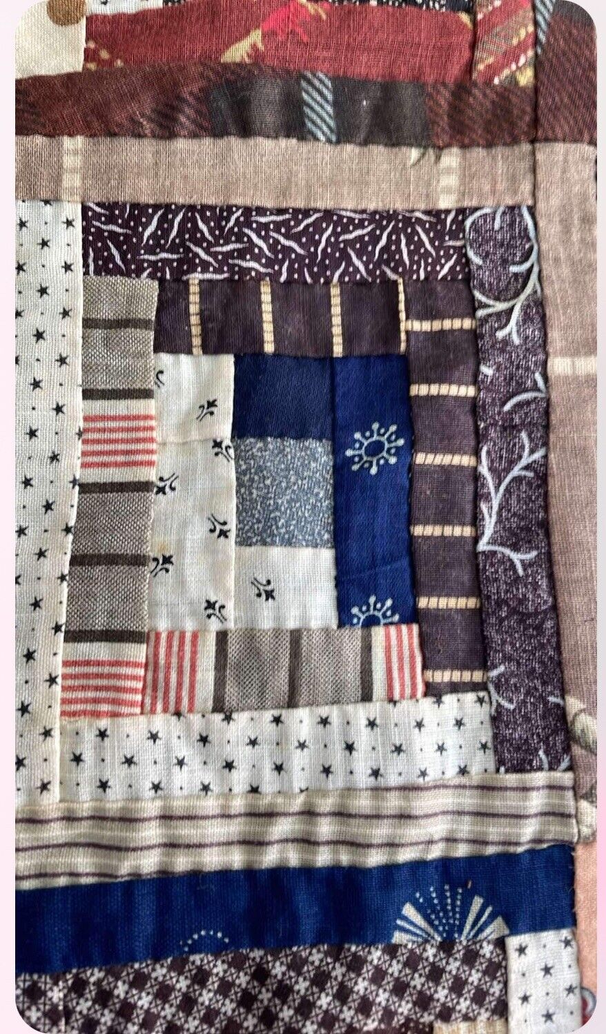 1800s Log Cabin Hand-Pieced Quilt Top 93"x76