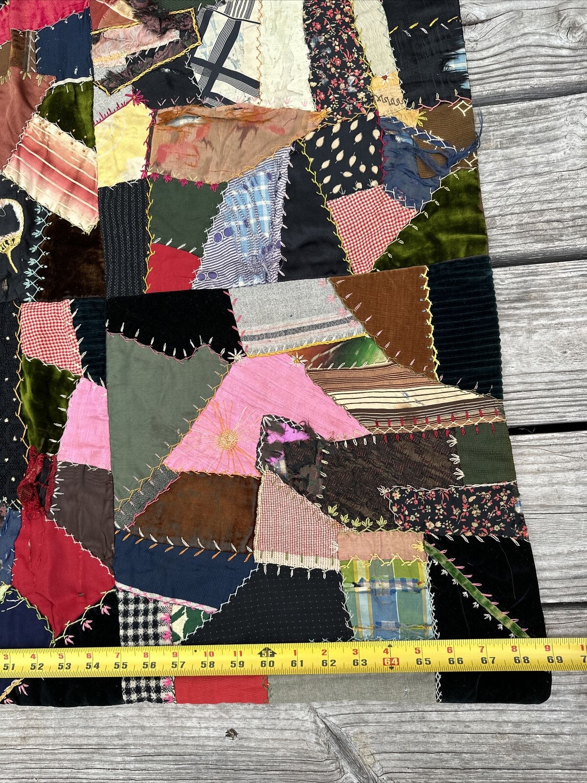 Centennial Handmade Crazy Quilt, 1800s, 69”x42”