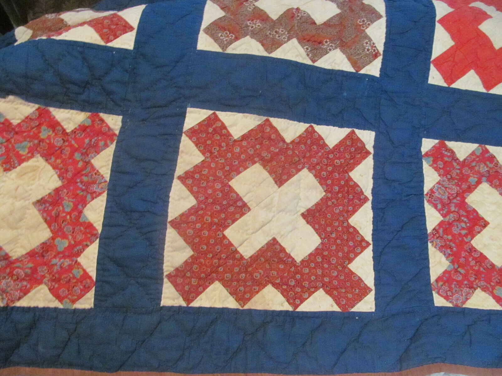 Vintage Handmade Chimney Sweep Quilt with Blue Border