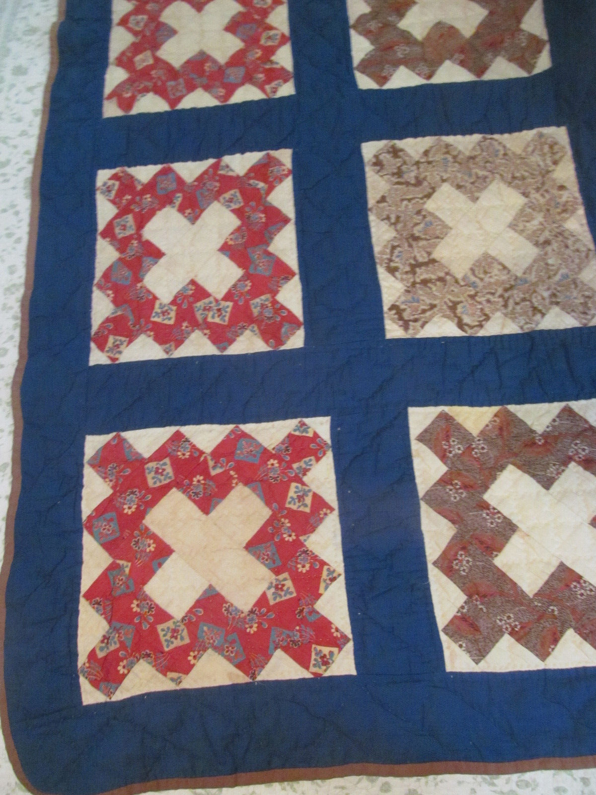 Vintage Handmade Chimney Sweep Quilt with Blue Border
