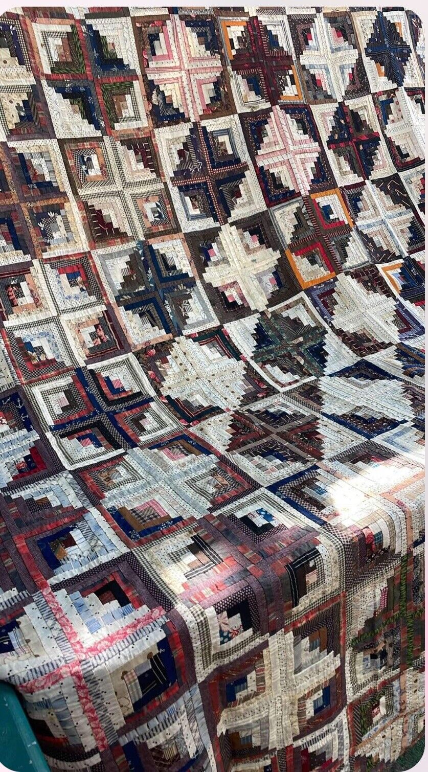 1800s Log Cabin Hand-Pieced Quilt Top 93"x76