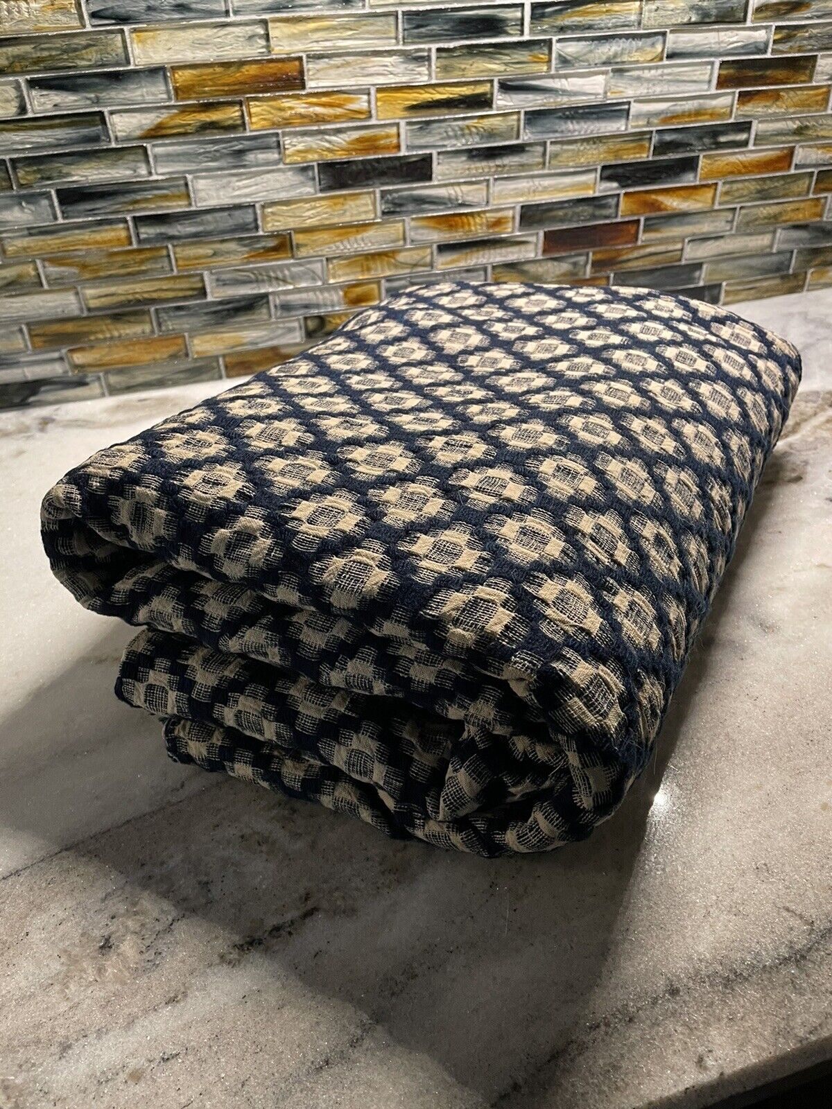 1800s Blue & White Hand Woven Coverlet Quilt