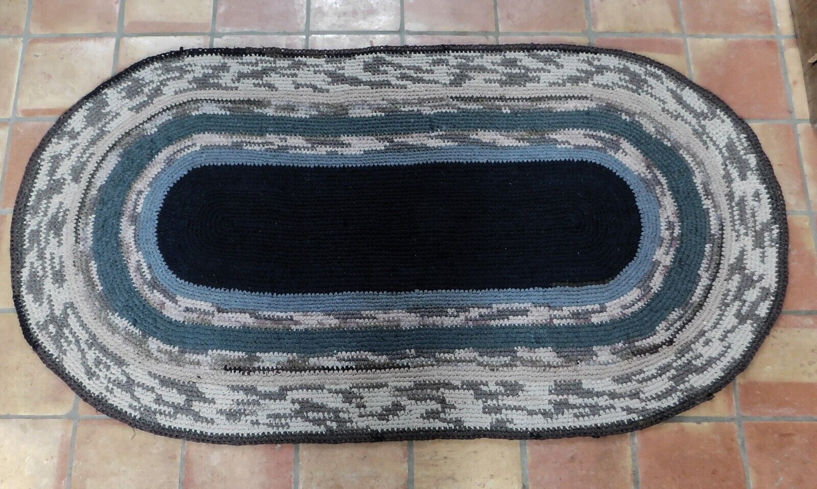 Early 1900s Oval Braided Crocheted Folk Art Rug
