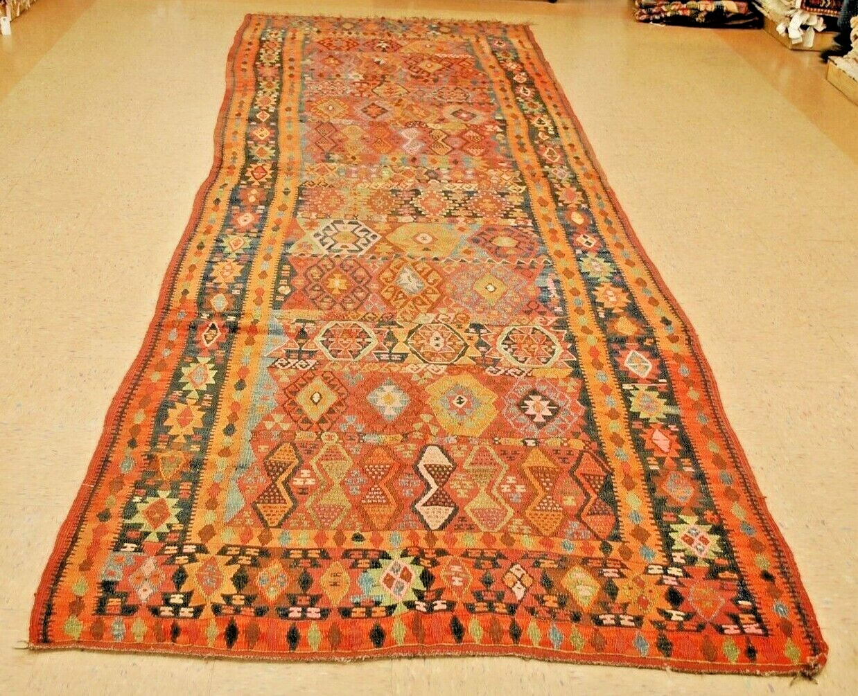 Rare Pre-1900s Caucasian Kilim Rug 4.8x15.6