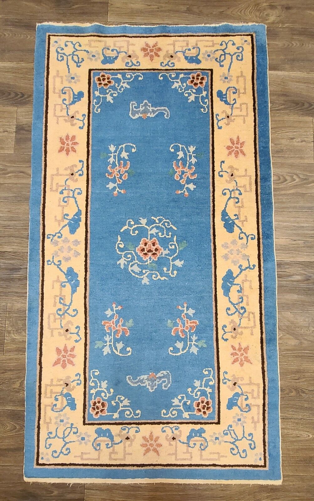 Authentic Antique Chinese Light Blue Handwoven Rug